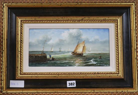 Vincentio de Luca, oil on board, shipping off the coast, signed, 14 x 30cm